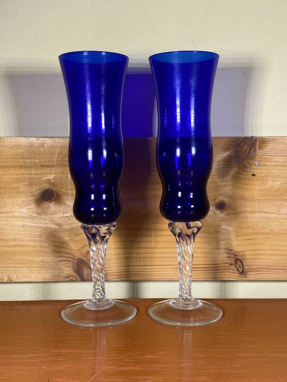 PAIR (2)  COBALT BLUE Champagne Glasses  Toasting Flutes Clear hand blown